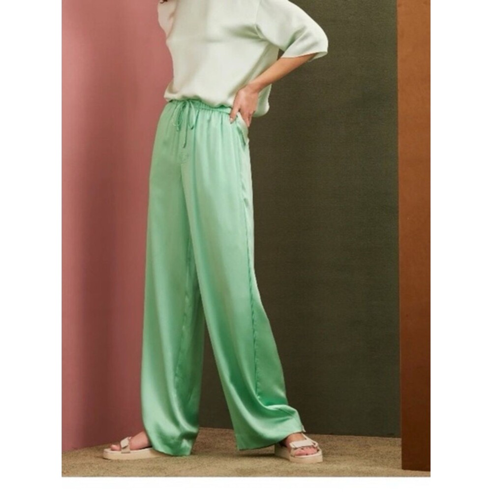 Vince Women 100% Silk Drawstring Wide Leg Mint Green Pants Size M NWOT